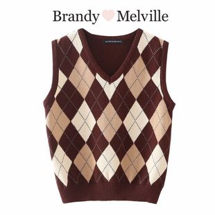 BrandyMelville 复古学院风内搭背心马甲 bm官网菱形格子V领针织衫