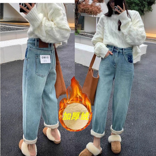 子 女2025秋冬梨形身材宽松显瘦撞色老爹裤 大码 加绒加厚哈伦牛仔裤