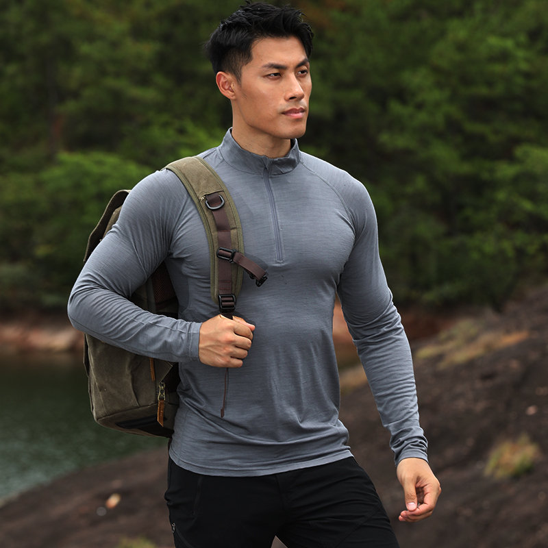 灰壳美利奴羊毛速干衣长袖男户外登山徒步半拉链美丽诺快干t恤