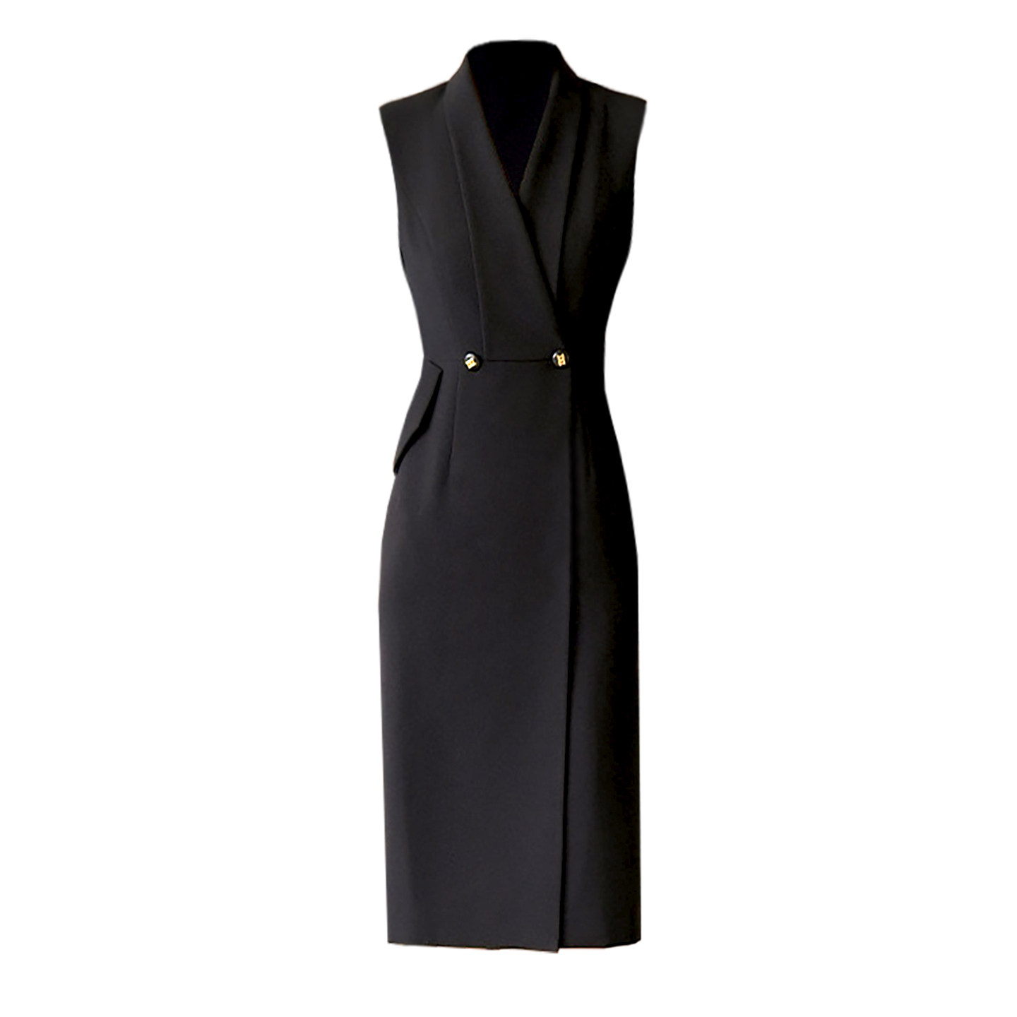 7975黑色西装连衣裙女无袖V领收腰职业通勤风知性气质裙