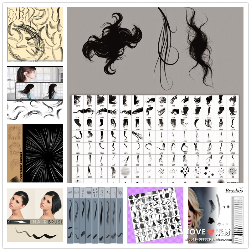 女士长发型烫发卷发头发毛发发丝cg绘画ps笔刷画笔后期合成素材a2