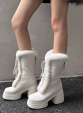 小个子欧美风中筒高帮厚拉链时尚雪地靴大棉中筒靴女靴白色冬季新