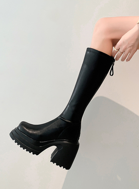不过膝长靴女粗跟真皮厚底显瘦小个子增高靴子高筒高跟骑士长筒靴