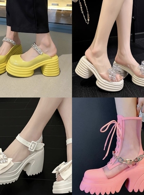 钰钰【219】小个子10cm厚底粗跟包头凉鞋女夏季真皮镂空罗马鞋女