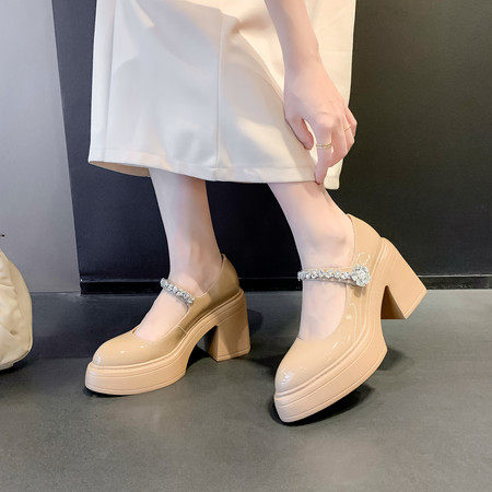 小个子10cm超高跟厚底单鞋女2025年新款粗跟尖头水钻一字带小皮鞋