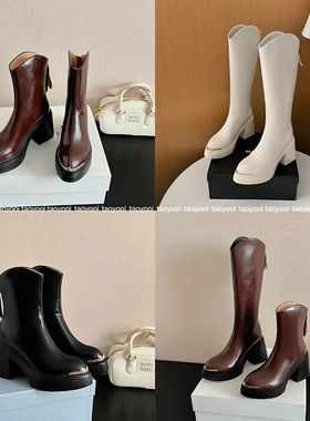 小个子10cm显高厚底增高时装百搭粗跟尖头秋冬骑士时装靴黑色冬季