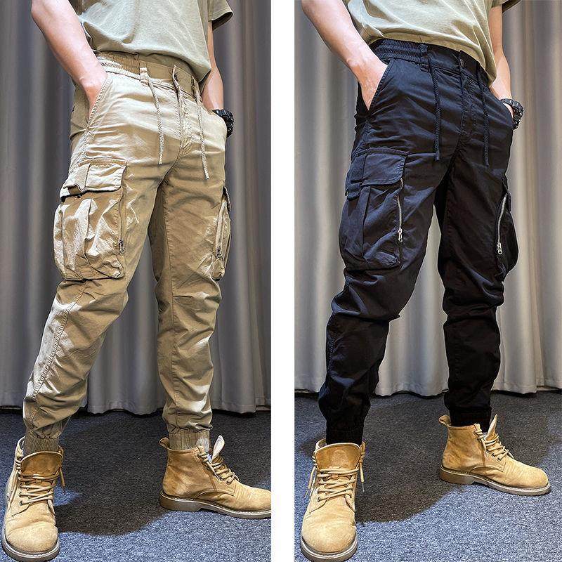 夏季工装裤男复古弹力休闲裤松紧腰抽绳户外卡其色潮牌束脚男长裤