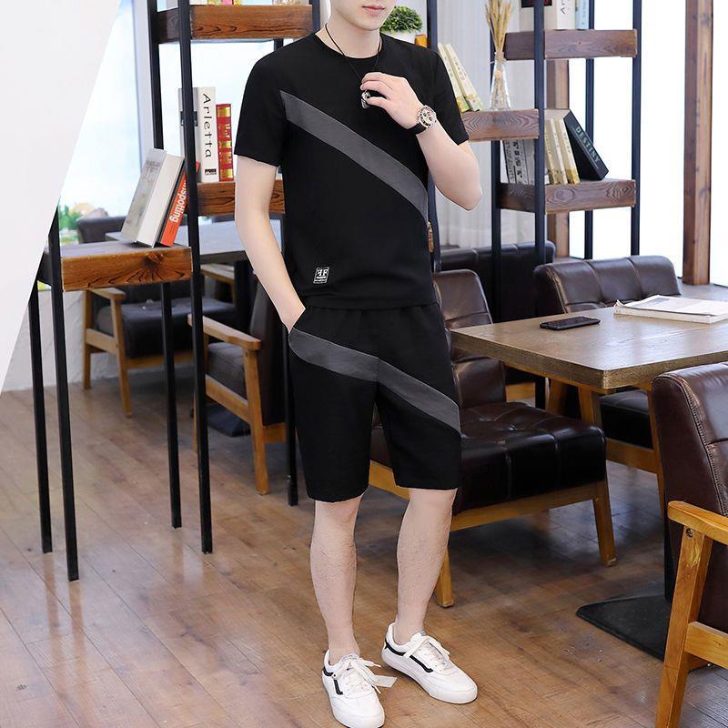 夏季新款套装男休闲运动套装圆领套头韩版潮流宽松短袖体恤两件套