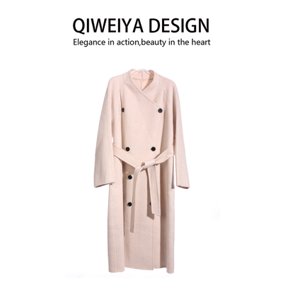 3QR5197时尚法式气质双排扣系带羊毛毛呢大衣长款外套秋冬女生