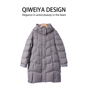 静奢风连帽中长款羽绒服女灰色保暖显瘦外套长款袄子