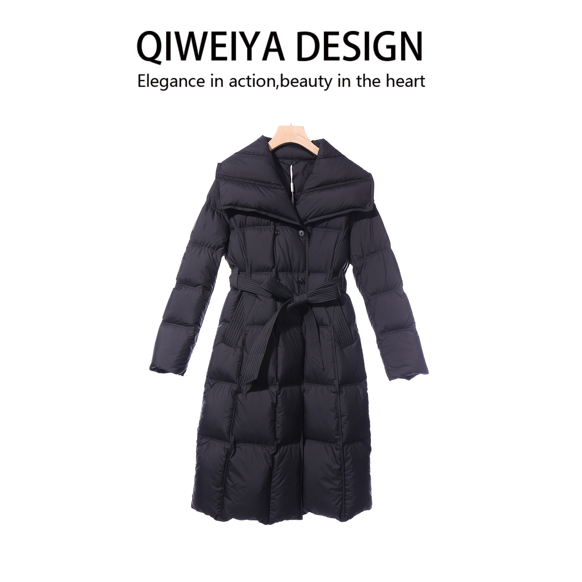奇唯雅8536WJ通勤风黑色中长款修身羽绒服女收腰系带翻领白鸭绒
