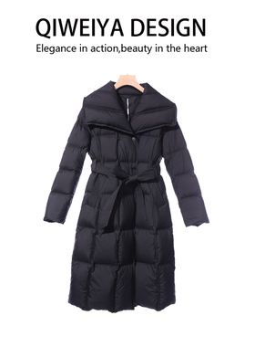 3QR 8536通勤风黑色中长款修身羽绒服女收腰系带翻领白鸭绒外套