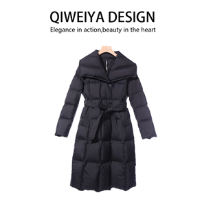 奇唯雅8536WJ通勤风黑色中长款修身羽绒服女收腰系带翻领白鸭绒