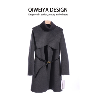欧货可脱卸披肩斗篷双面羊绒大衣女中长款韩版显瘦骆驼绒妮外套