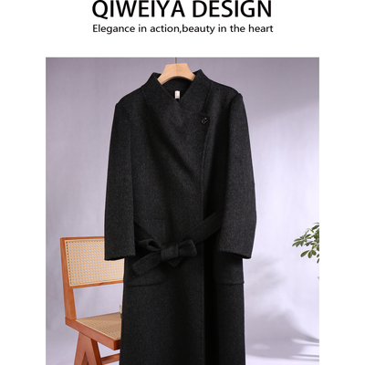 2025冬装新款正肩立领灰色双面羊绒大衣女中长款小个子羊毛呢外套