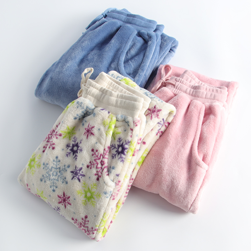 珊瑚绒睡裤女冬季法兰绒加厚加绒居家束脚收口带口袋家居裤长裤