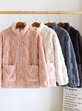 冬季情侣上衣女男加厚法兰绒保暖珊瑚绒加绒简约纯色拉链单件睡衣