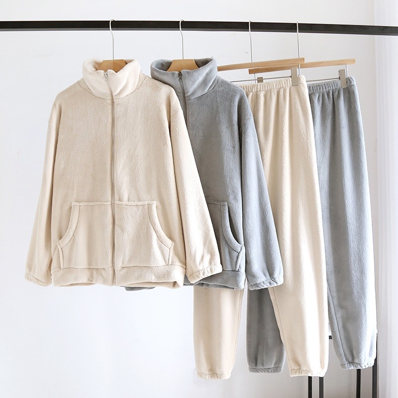 冬季情侣睡衣女加厚法兰绒保暖珊瑚绒男拉链简约纯色家居服套装,女士内衣/男士内衣/家居服,睡衣/家居服套装,淘宝优惠券,粉丝福利购,淘宝优惠卷