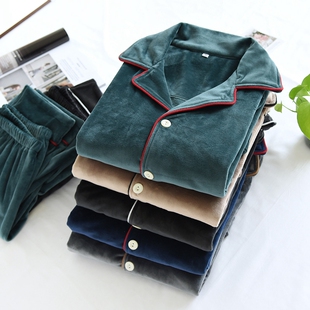 家居服套装 冬季 长裤 翻领长袖 睡衣男弹力海岛绒保暖法兰绒薄绒开衫