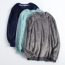 睡衣上衣单件男士冬季法兰绒加厚加绒保暖套头圆领纯色珊瑚绒长袖