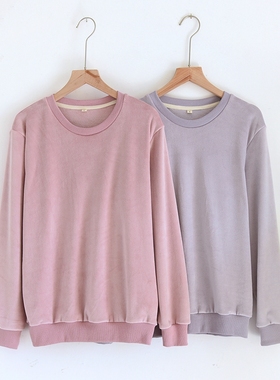 秋冬季加绒上衣女弹力海岛绒保暖法兰绒薄绒休闲纯色套头单件睡衣