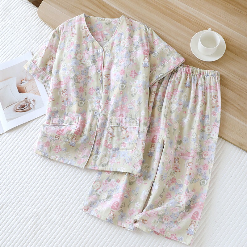 胸垫睡衣女夏季薄款纯棉纱布清新卡通免文胸短袖七分裤家居服套装