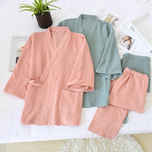 女纯棉纱布绉布日式和服睡衣套装