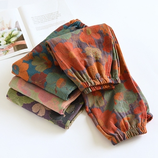 睡裤女春秋色织纯棉双层纱布简约清新宽松薄款全棉家居裤收口长裤