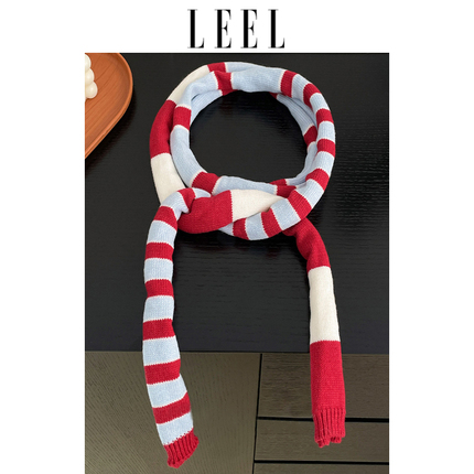 LEEL明星同款红白蓝条纹窄款长条围巾时尚百搭彩色秋冬围脖配饰女