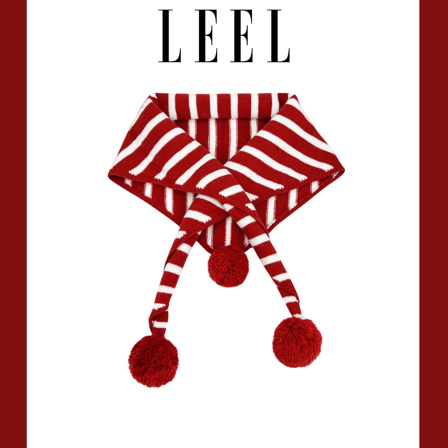 LEEL可爱球球红色条纹三角围巾女秋冬保暖百搭小披肩围脖2025新款