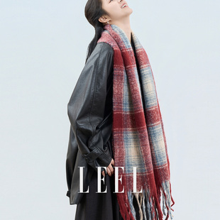 LEEL高级感格子马海毛围巾女冬季圣诞新年氛围感保暖大围脖配大衣