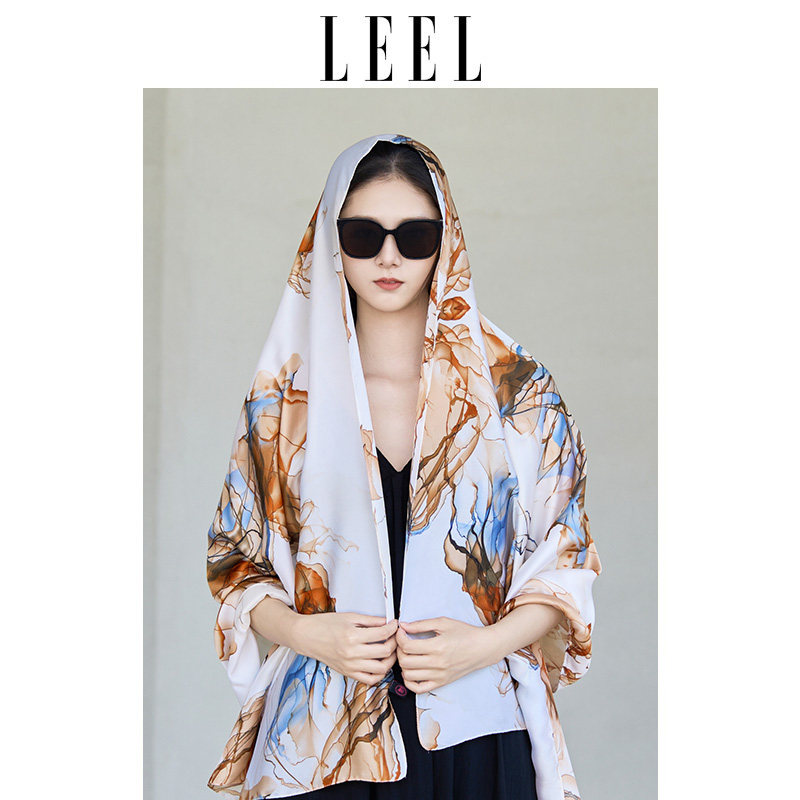 LEEL明星同款气质薄纱巾大丝巾女夏季度假防晒包头巾穿搭大牌时尚