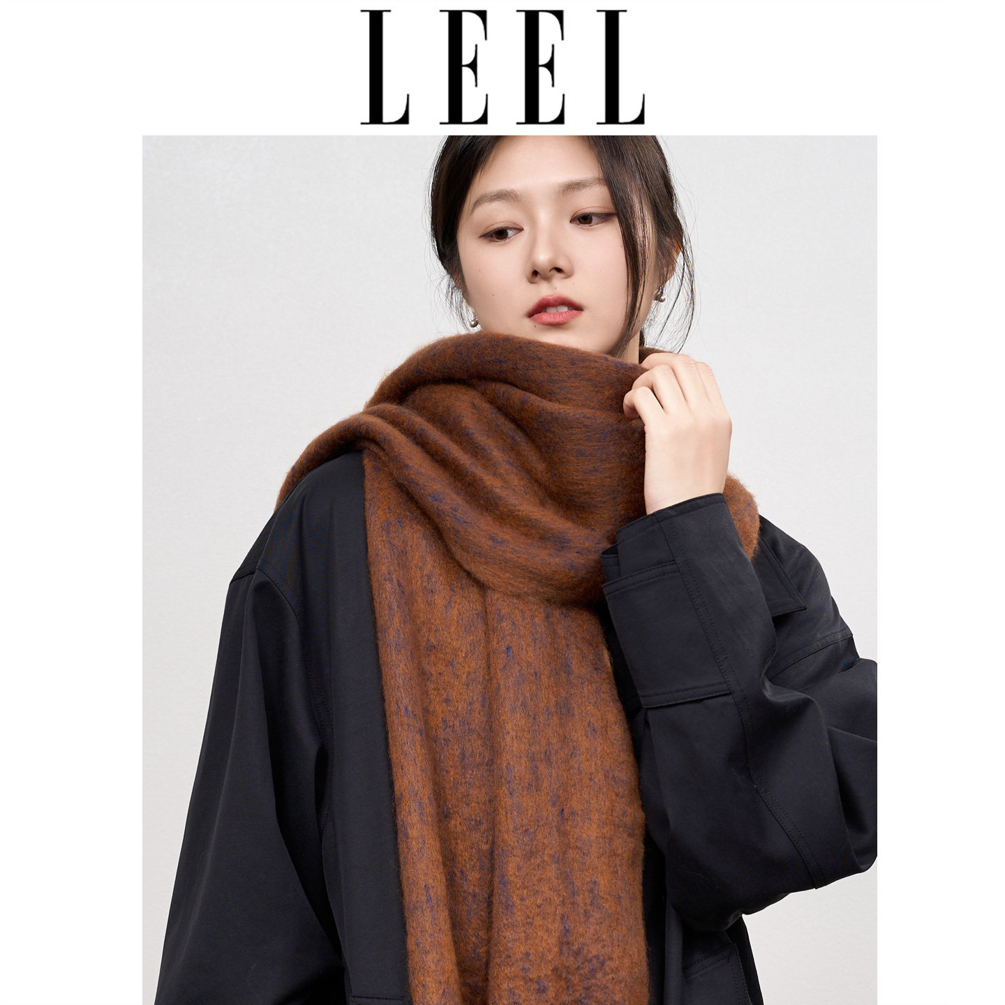 LEEL韩版小众渐变流苏马海毛围巾秋冬棕色保暖简约欧美风披肩男女