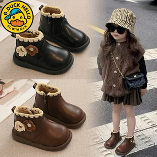 小黄鸭女童短靴2025冬季新款小童防水保暖皮靴靴子防滑加绒二棉鞋