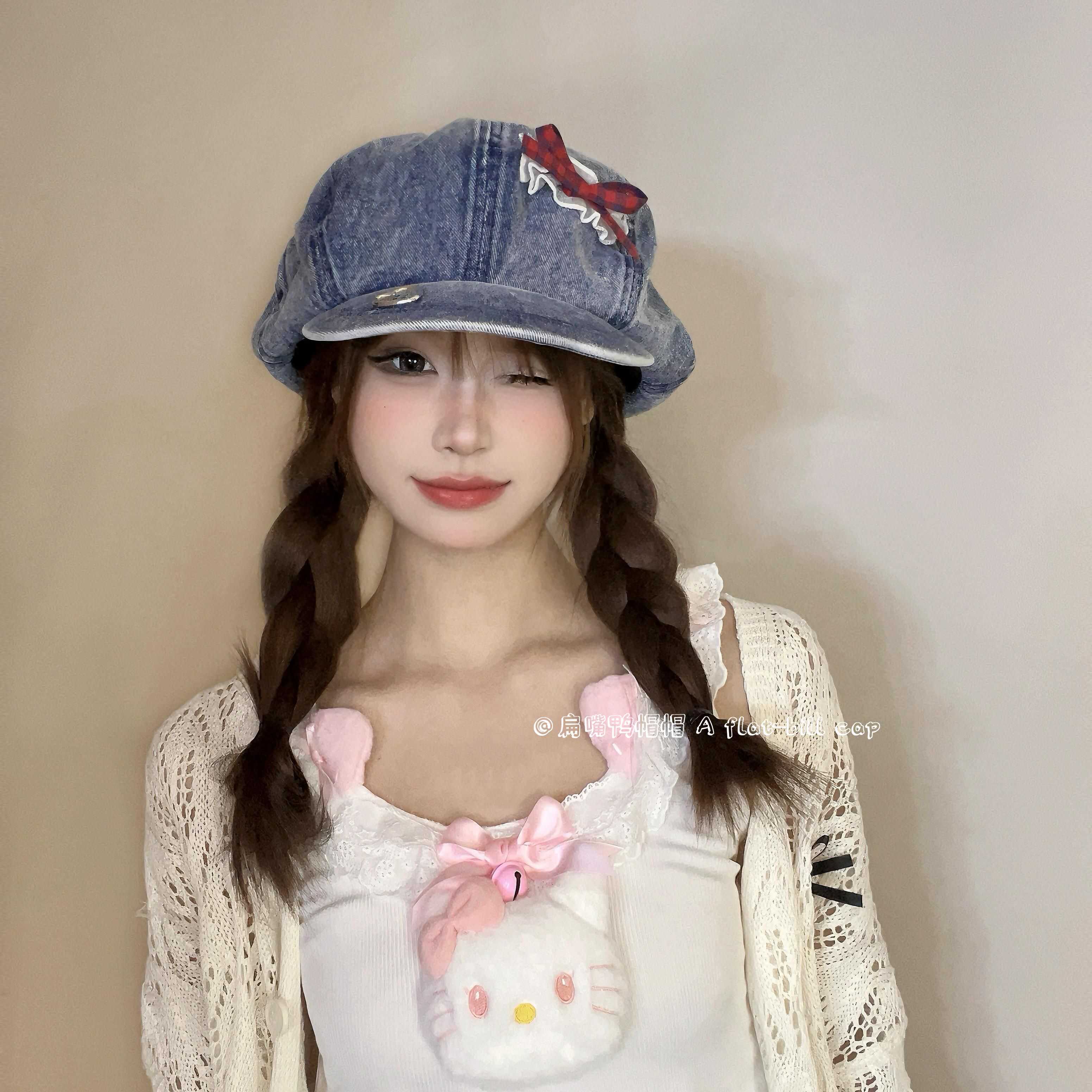 扁嘴鸭蝴蝶结牛仔八角贝雷帽美羊羊原创设计百搭显脸小大头围帽子