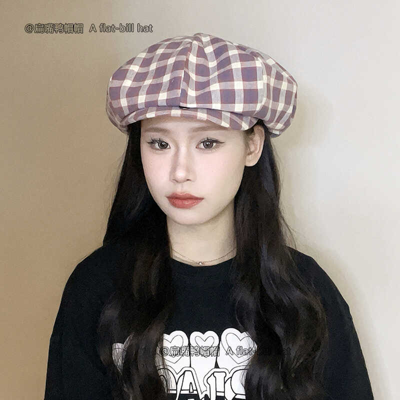 扁嘴鸭韩系格子贝雷帽女八角帽英伦复古ins泫雅同款网红画家帽子