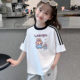 潮 T恤中大童纯棉拼接圆领宽松运动上衣夏季 女童韩版 卡通印花短袖