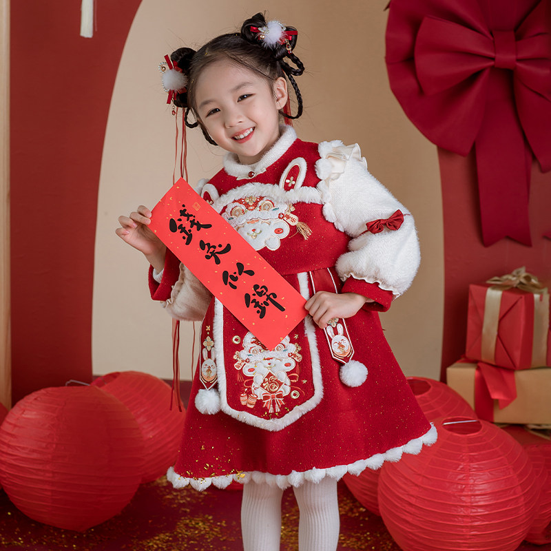 女童新年装连衣裙加绒加厚裙子长袖冬款新年装中国风汉服古风古装