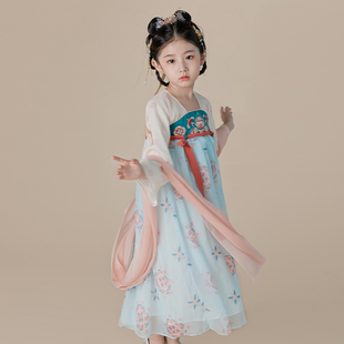 漢服女童齊胸襦裙2022新款 唐風藍霧超仙連衣裙兒童古風裙子 春秋裝