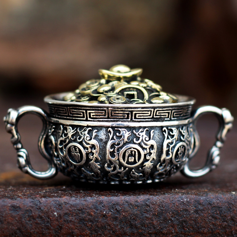 纯银聚宝盆吊坠项链复古男女