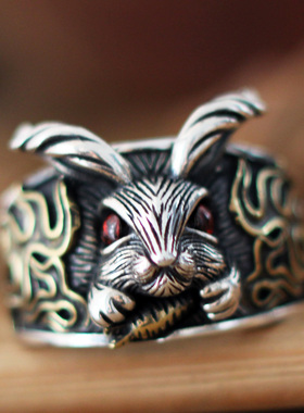 兔子纯银戒指男女同款开口指环小动物生肖属兔银饰复古民族风饰品