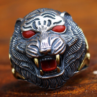 手工纯银虎戒指男款霸气复古老虎头银指环民族风个性食指开口戒指