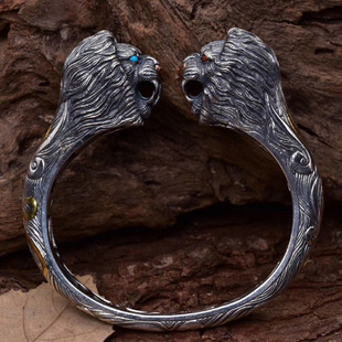 纯银狮子手镯复古手工精雕银饰男款开口个性潮人手环镶嵌松石南红