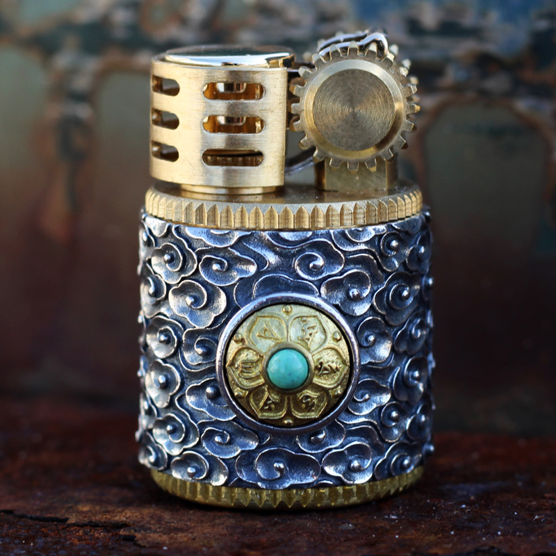 祥云六字真言小胖墩纯银打火机