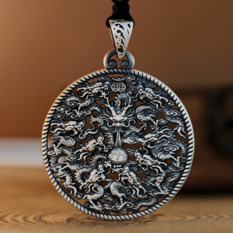 群龙戏珠足银吊坠复古国风