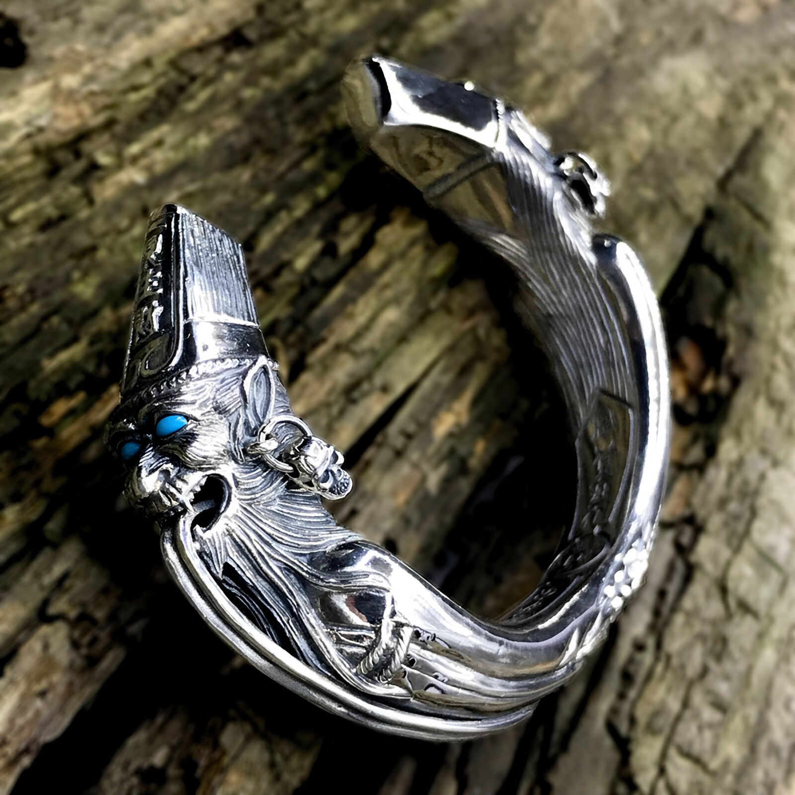 男款霸气黑白无常开口手镯S925纯银七爷一见生财八爷天下太平镯子