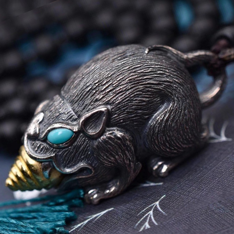 吐宝鼠纯银吊坠小老鼠造型