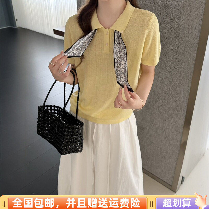 2026春季新品韩版宽松显瘦羊毛针织衫短袖T恤上衣POLO领丝巾设计