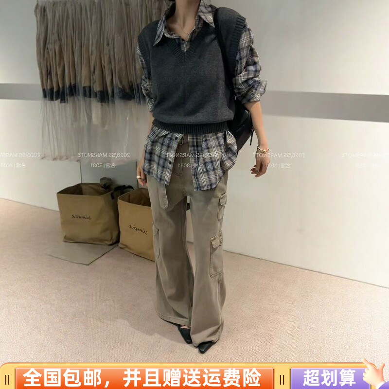 格子拼接立领荷叶边衬衫女秋