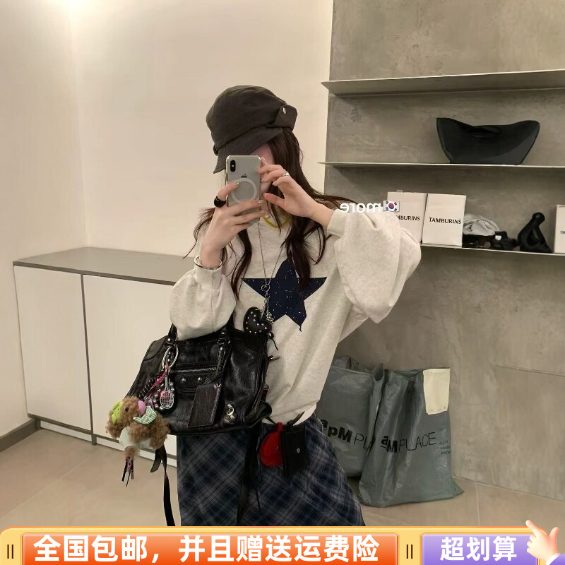 秋季韩版斜肩前后两穿显瘦卫衣女